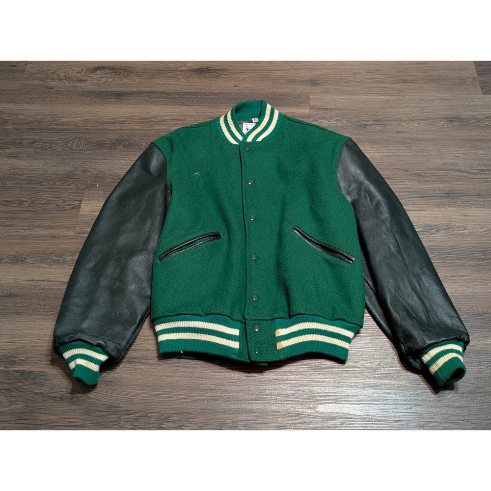 True Vintage Butwin Green Wool Leather Sleeve Varsity Letterman Jacket ‎ 40 USA